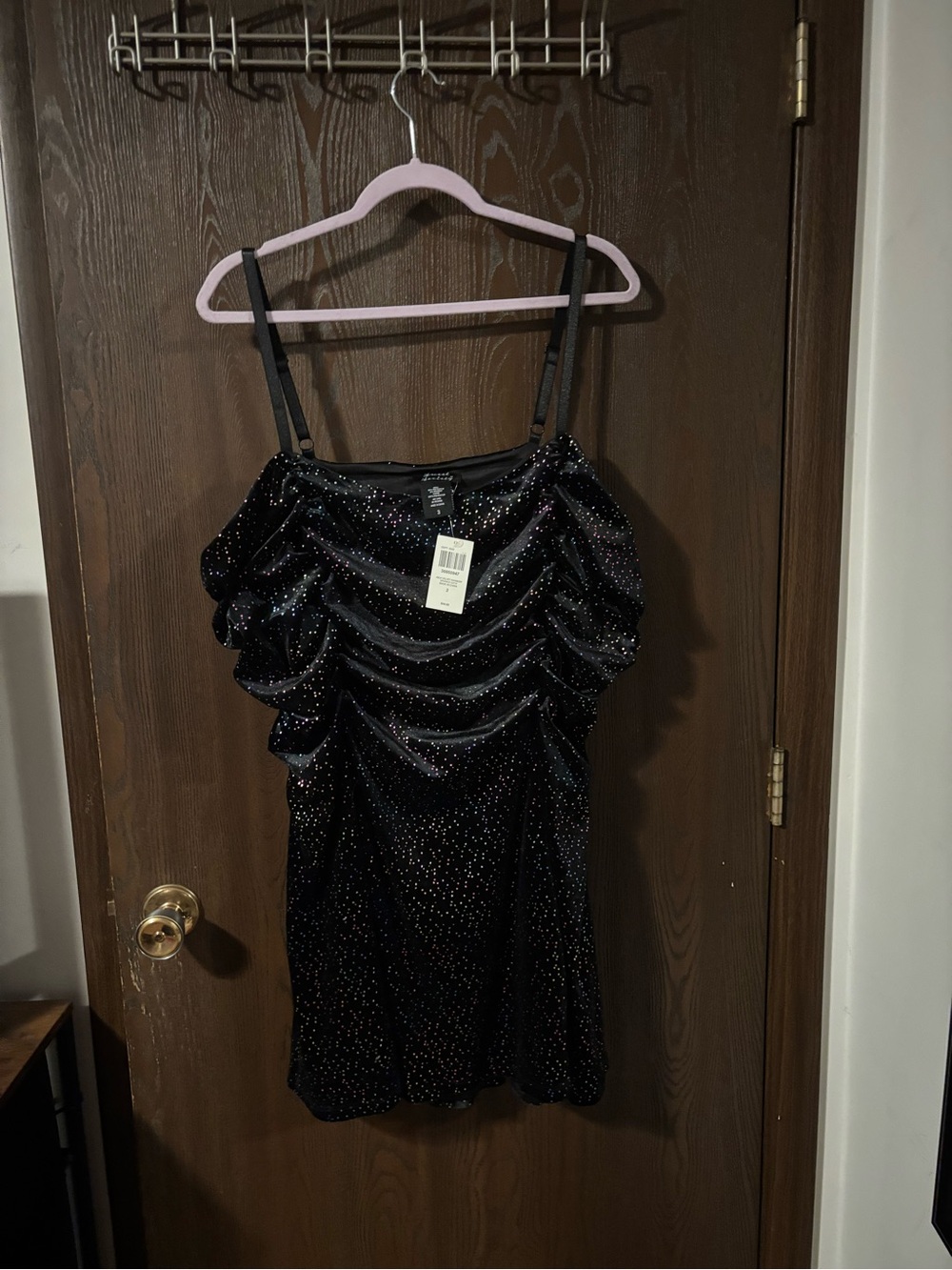 Velvet Ruched Black Sparkle Cami Mini Dress
